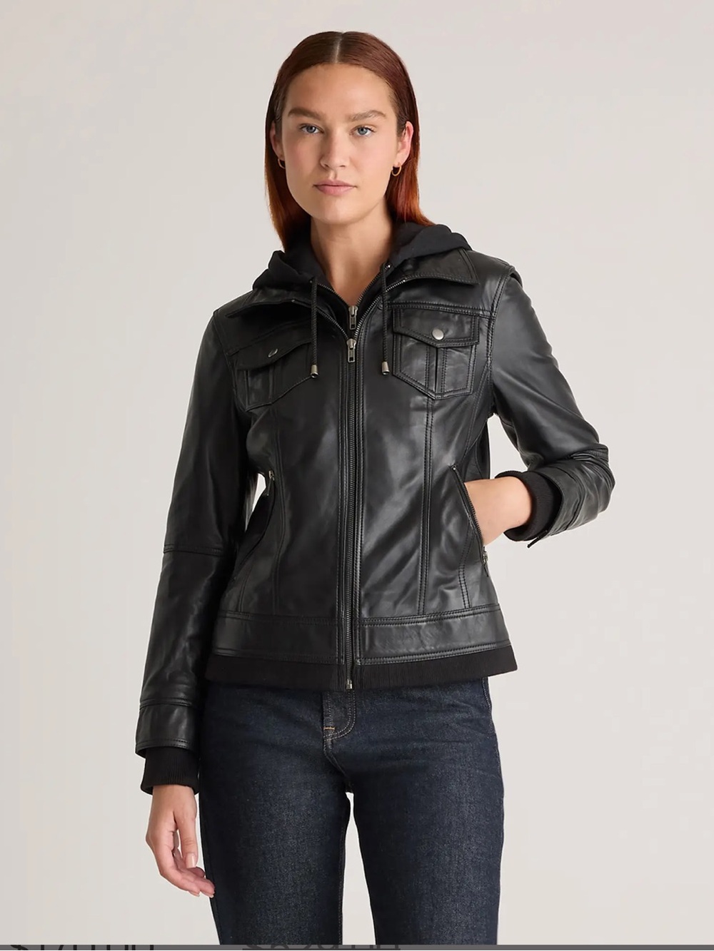 Quince Black Leather Hooded Jacket